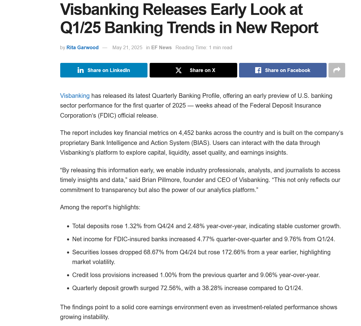 Visbanking Releases Early Look at Q1/25 Banking Trends in New Report